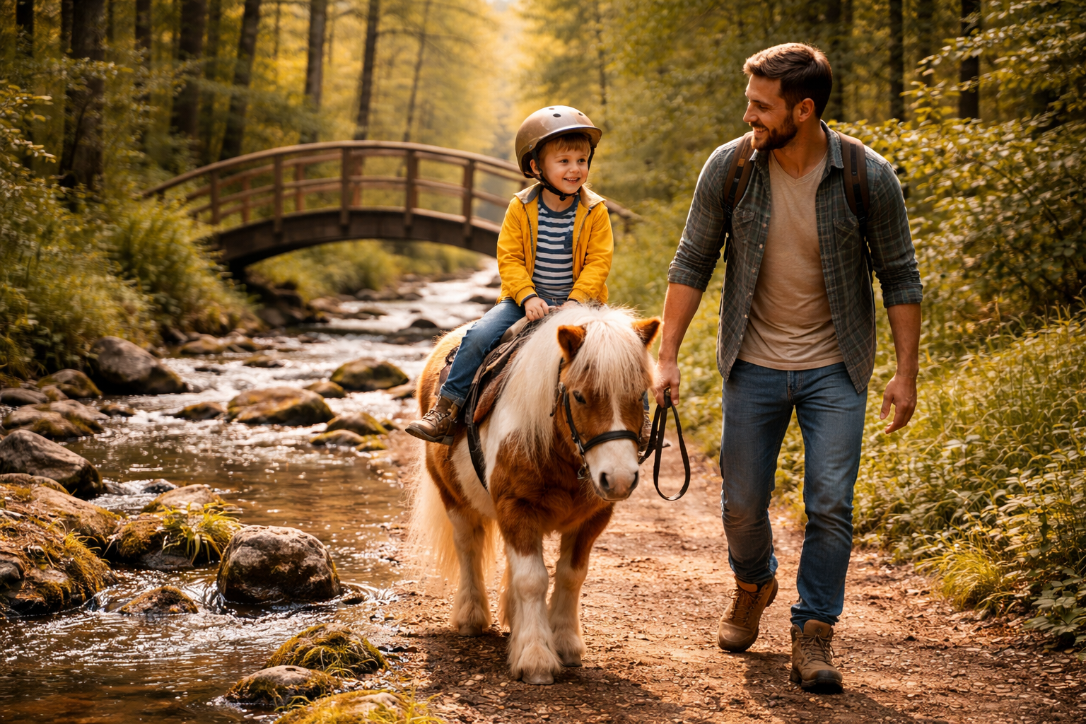 une photo d'un pere et son fils balade à dos de poney